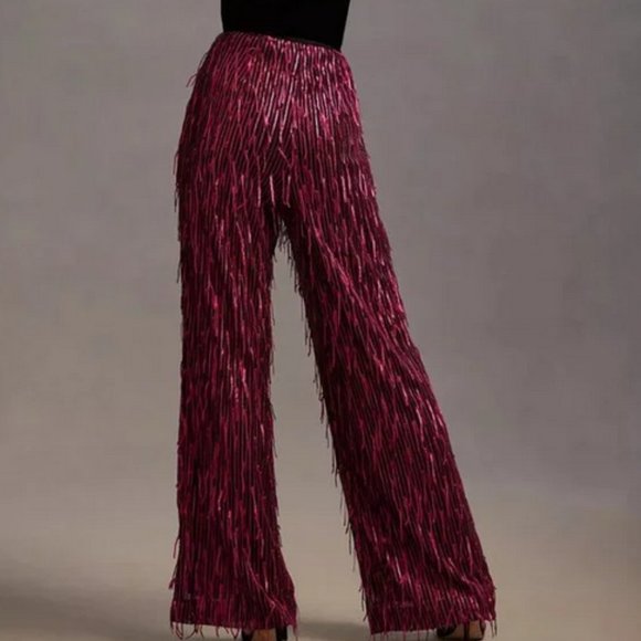 Anthropologie Maeve Sequined Wide Leg Pants Plum PETITE - Picture 3 of 10